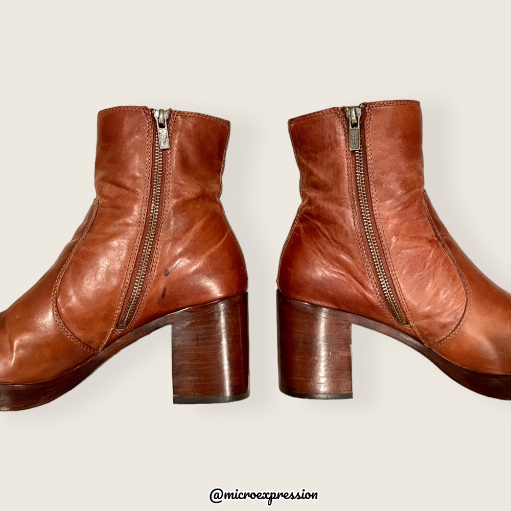 $389 Frye Joan Campus Cognac Brown Side Zip Leather Block Heel Cute Ankle Bootie - Picture 9 of 14